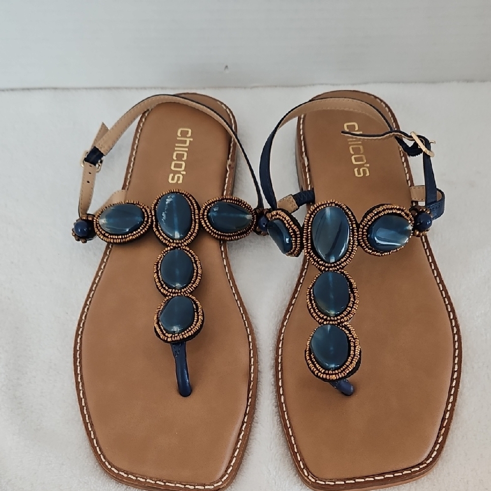 Chico's | Women's Navy Stones Copper Beaded Detailing T-Strap Sandals Sz 9.5